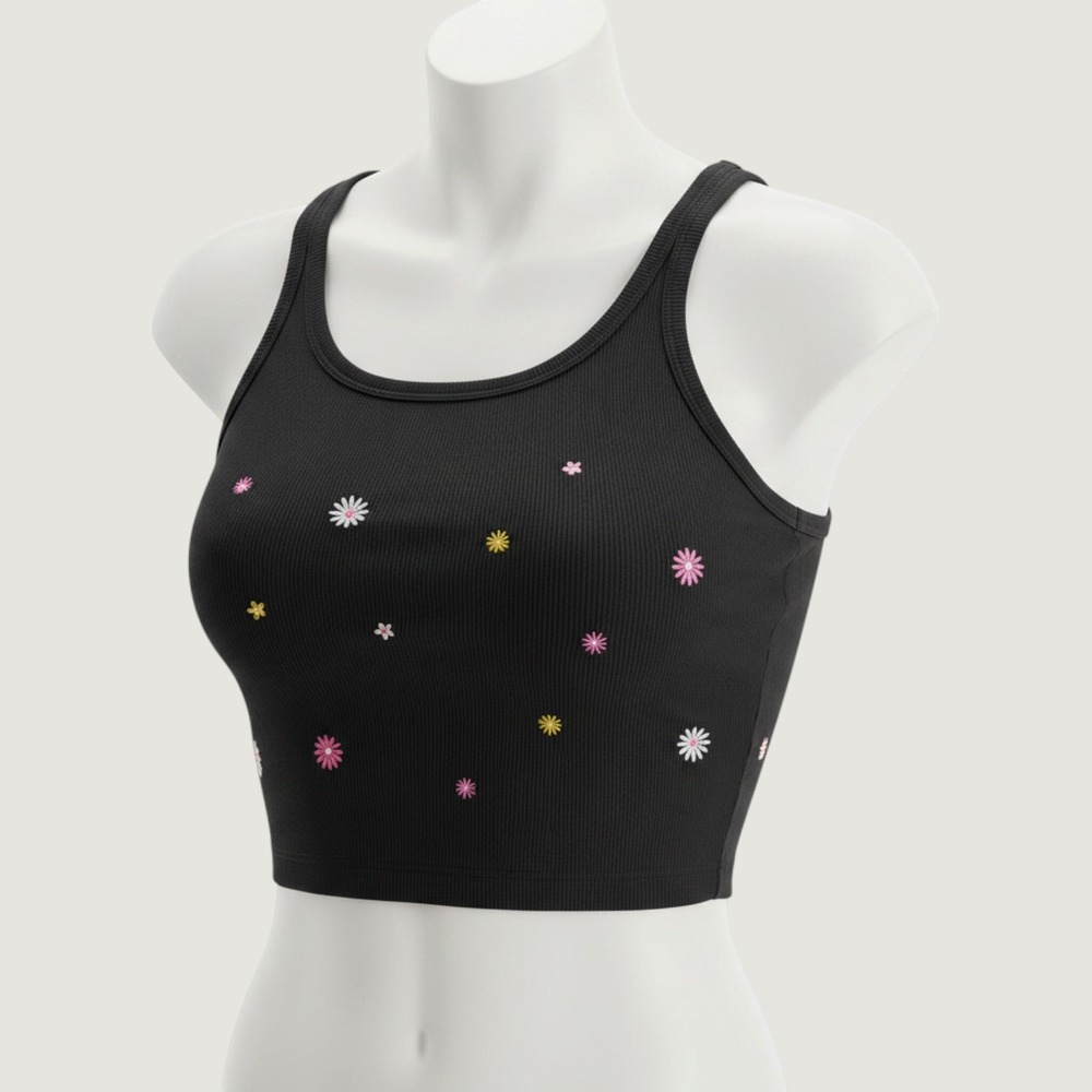 PINK Victoria's Secret Black Ribbed Daisy Floral Embroidered Crop Tank Top L
